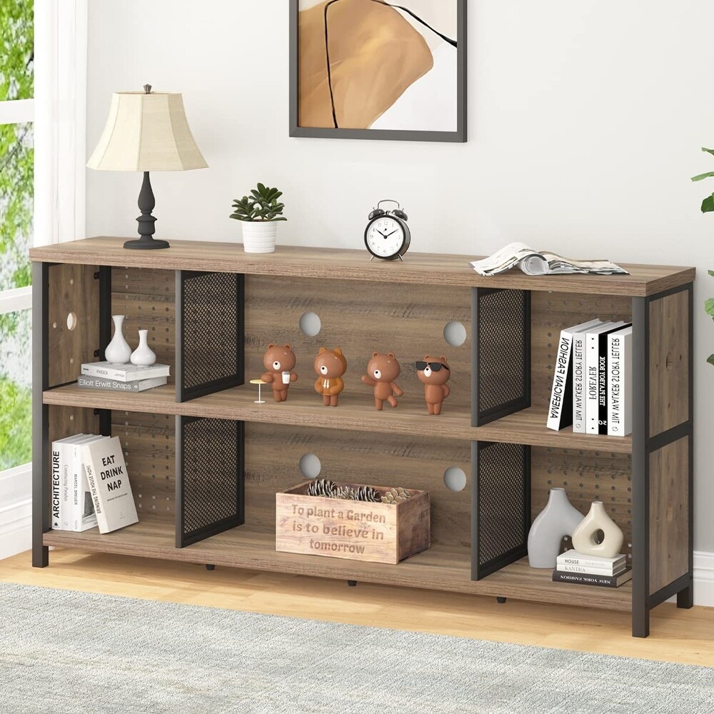 Industrial Horizontal Bookshelf  4 5 6 7 8 Cube Storage Organizer Bookcase  Modern Wide Large Book Shelf for Bedroom Living Room