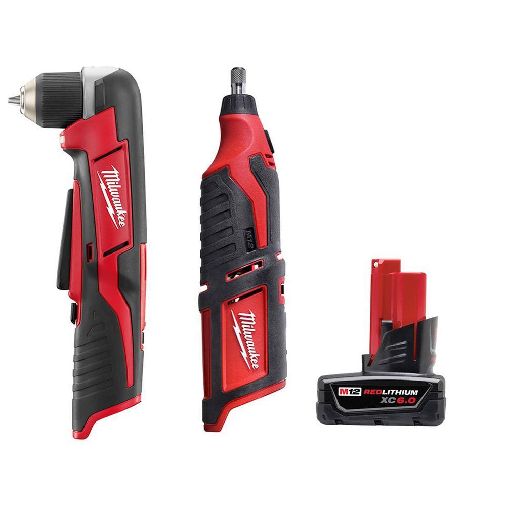 MW M12 12V Lithium-Ion Cordless 38 in. Right Angle Drill with M12 Rotary Tool and 6.0 Ah XC Battery Pack 2415-20-2460-20-48-11-2460