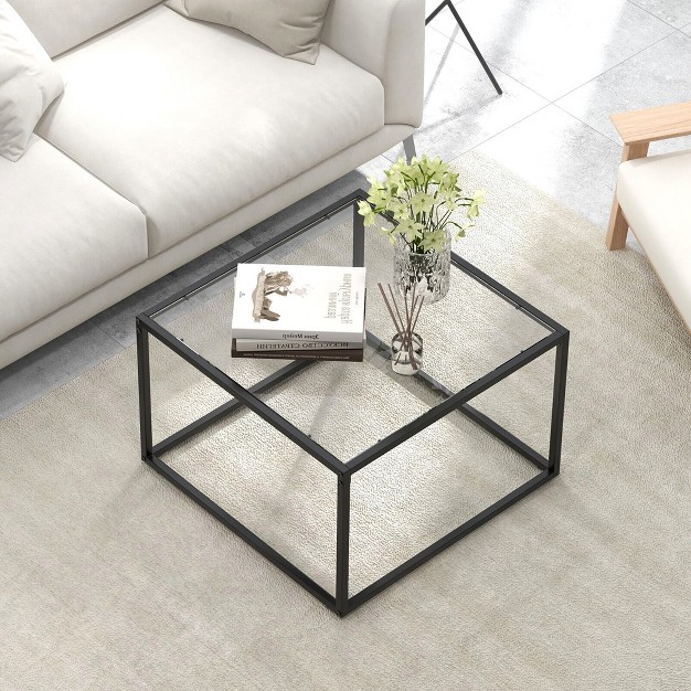 Tangkula Glass Coffee Table 27 5 Inch Modern Square Metal Frame Living Room Transparent