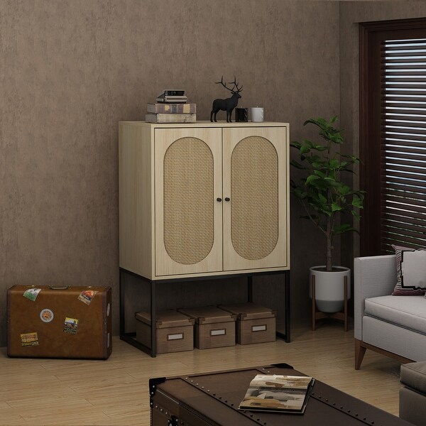 2-Door Rattan Accent Storage Cabinet Tall with Adjustable Shelf