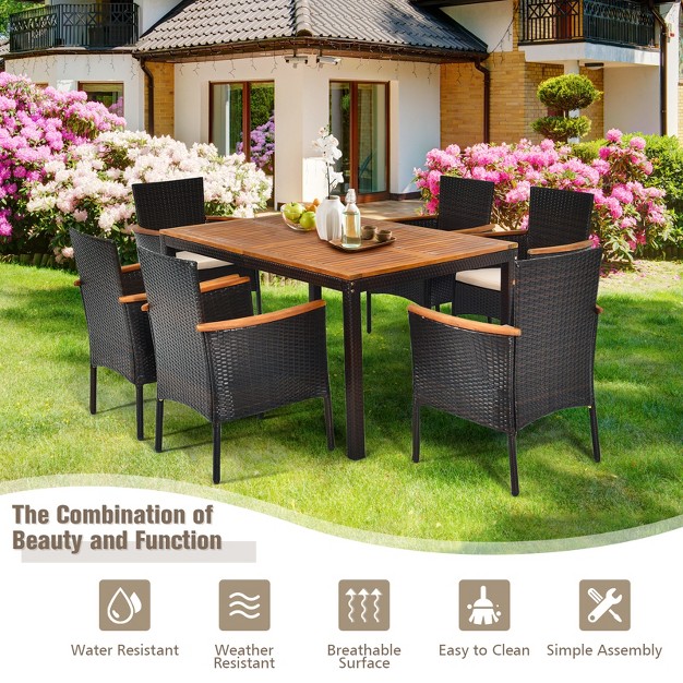 Tangkula 7 piece Outdoor Dining Set Patio Rattan Table And Chairs Set With Umbrella Hole