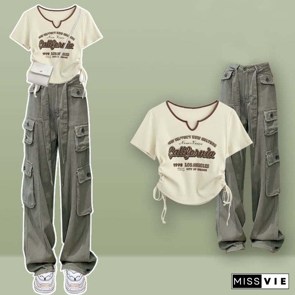 Retro Letter Print Drawstring Crop Top T-Shirt Casual Pocketed Cargo Pants