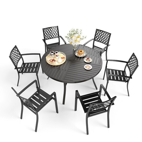 MAISON ARTS 7 Pieces Outdoor Dining Set for 6，Large Round Dining Table with Umbrella Hole and Stackable Metal Chairs