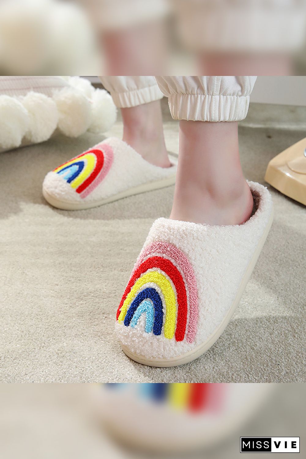 Rainbow Knit Fluffy Slippers