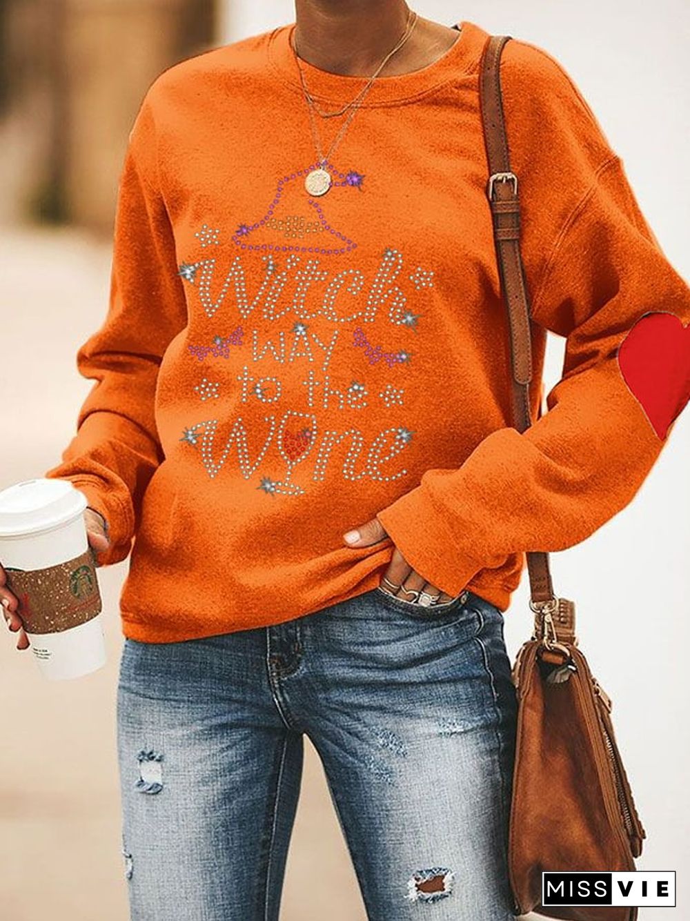 Women's Halloween Wicth Way To The Wine Print Sweatshirt