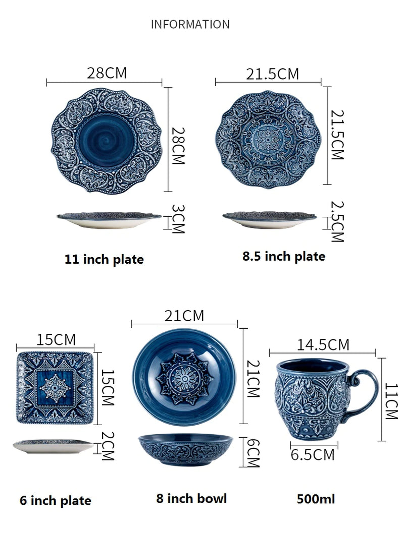 Nordic Blue Vintage Tableware Set Ceramic Rice Salad round Dish Dinner Plate Bowl Dinnerware Set Microwave Safe W4827