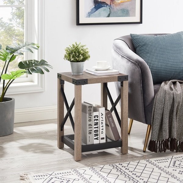 Farmhouse Wood Side Table， Nightstand with Mesh Shelf