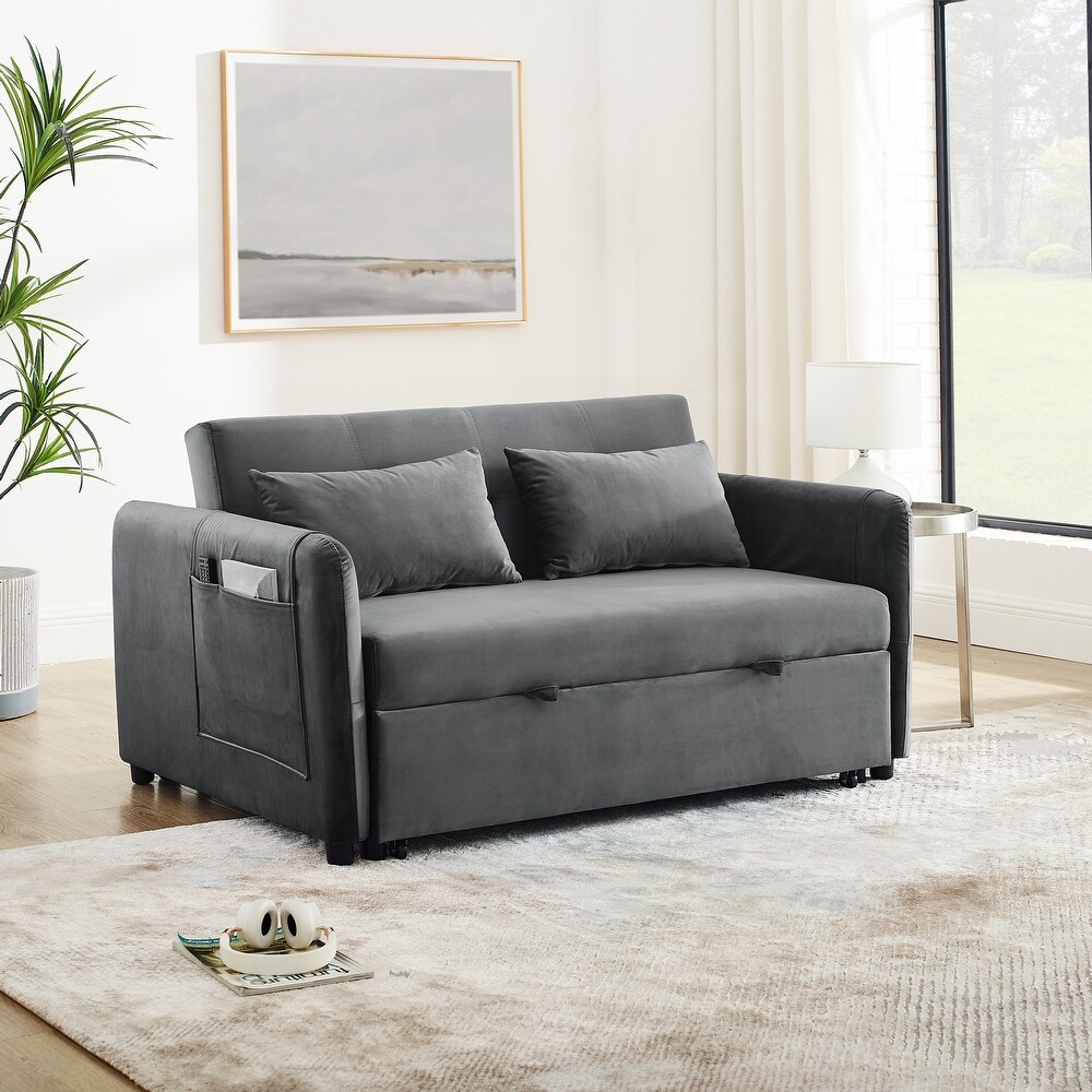 Velvet Upholstered Pull out Sleeper Sofa Convertible Sofa Bed with Adjustable Backrest  Lumbar Pillows and Side Pockets