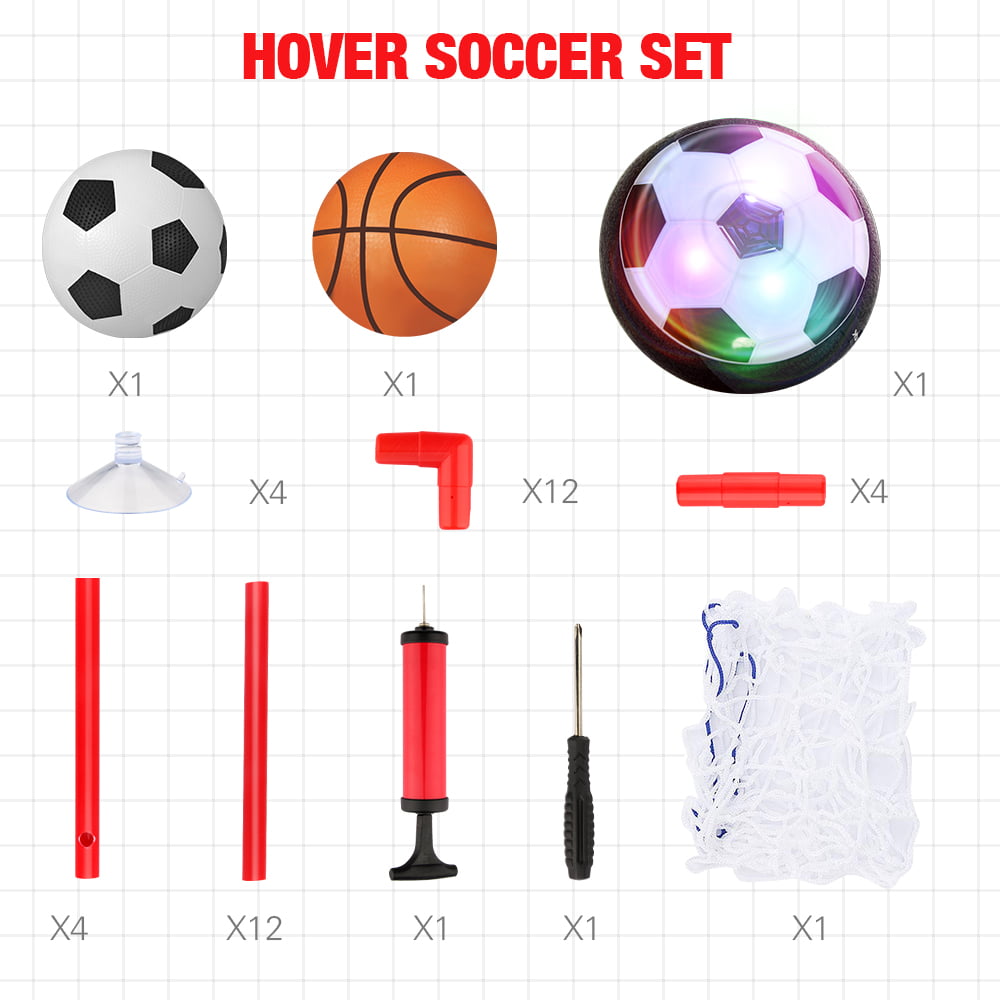 Growsly Kids Toys Hover Soccer Ball Set With 2 Goals， Sports Gift Toys for 3-8 Years Old BoysandGirls Includes Inflatable Football and Basketball， Red