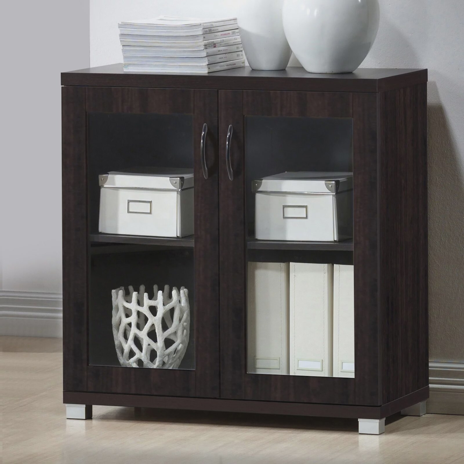 Zentra Modern And Contemporary Sideboard Storage Cabinet With Glass Doors， Dark Brown， Contemporary