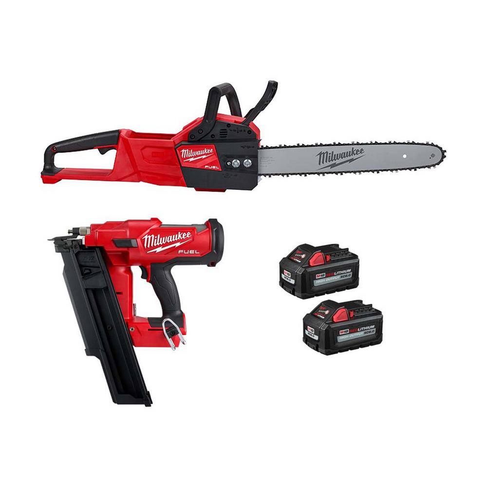 MW M18 FUEL 16 in. 18-Volt Brushless Battery Electric Chainsaw w3-12 in. 21-Degree Framing Nailer Two 6Ah HO Batteries 2727-20-2744-20-48-11-1862