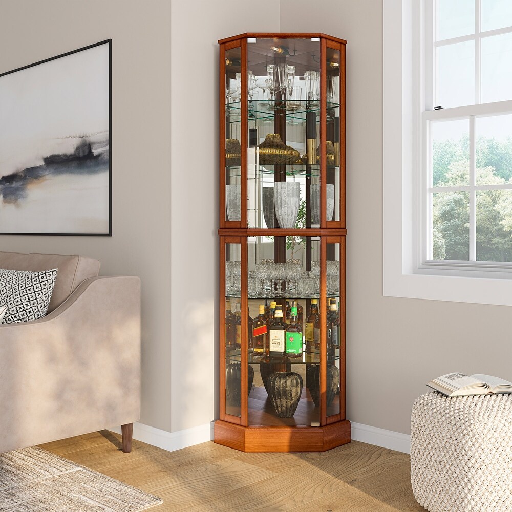 BELLEZE Ashfield Lighted Corner Curio Cabinet  Oak