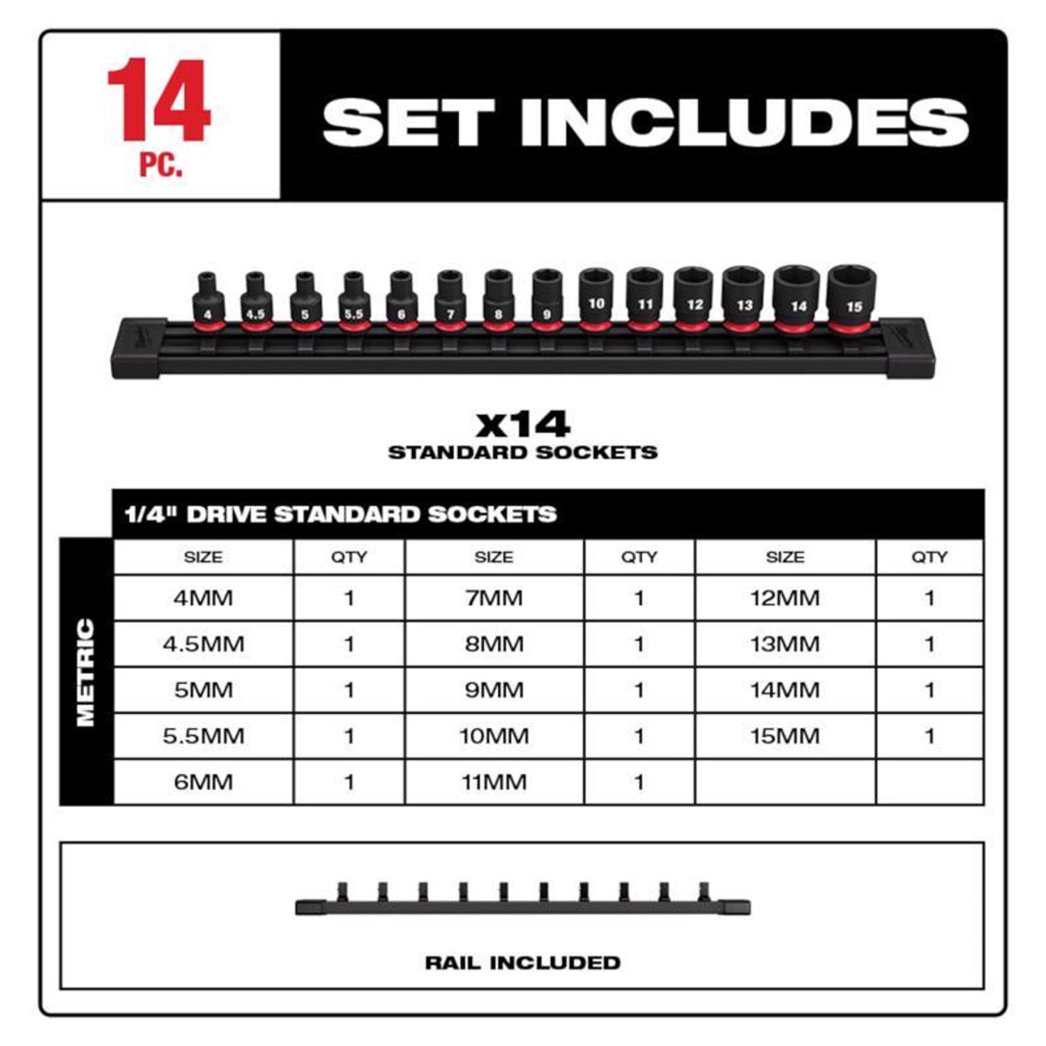 MW Shockwave 1/4 in. drive Metric 6 Point Standard Socket Set 14 pc