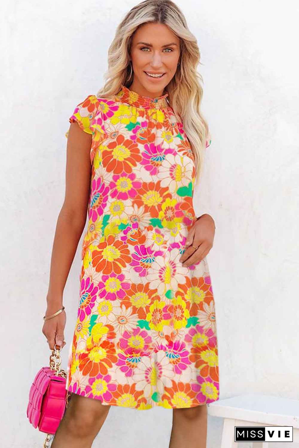 Orange Shirred Neck Summer Floral Dress