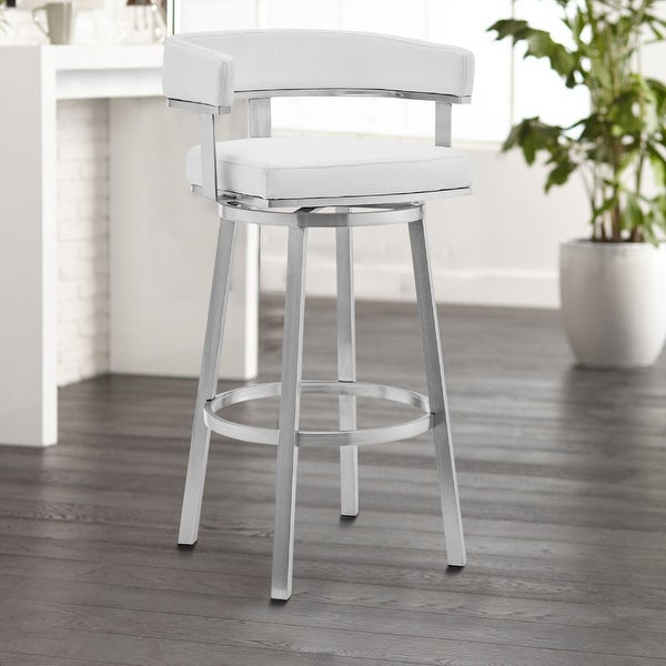 Swivel Barstool with Curved Open Back and Metal Legs， Silver and White