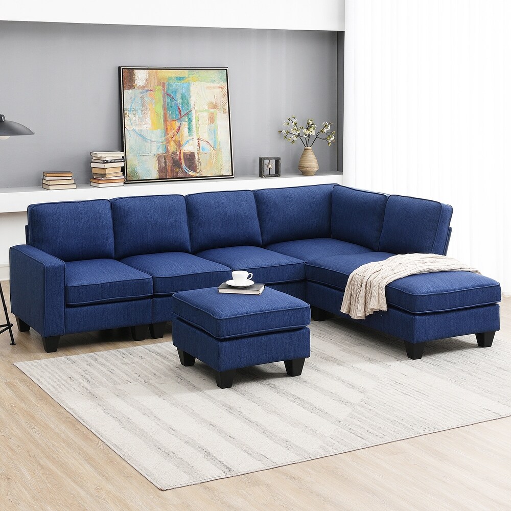 7 Seat Sectional Sofa Linen Fabric Couch Set with Ottoman