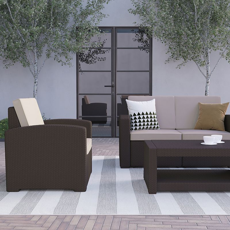 Flash Furniture Outdoor Faux Rattan Chair， Loveseat， and Coffee Table 4-piece Set