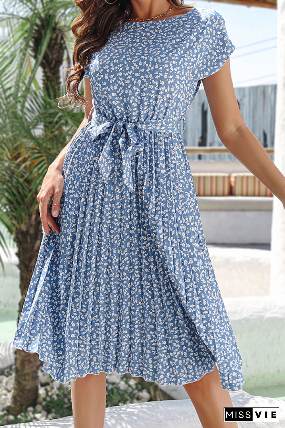 Floral Short Sleeve Dress With Sashes Wholesale