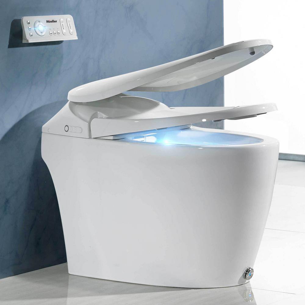 MUELLER Smart Toilet 1-Piece 1 GPF Single Tornado AutoFlush Elongated Toilet in White with Heated Seat Remote and Dryer ST-550