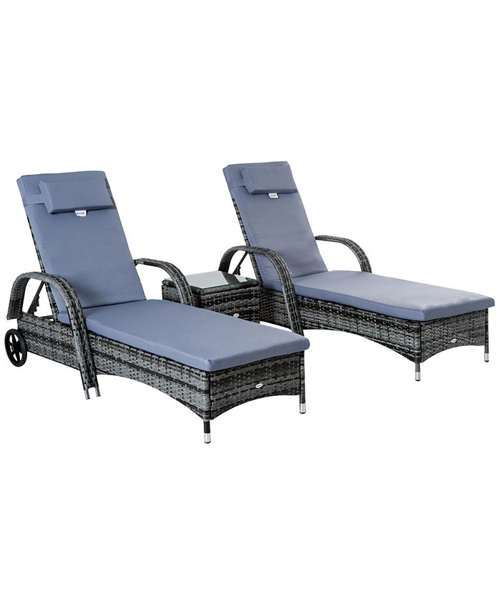 Outsunny 3 Piece Outdoor Furniture Set 2 Reclining Chaise Lounge Chairs Rolling Wheels Armrests Headrests Thickly Cushioned 1 Side Table PE Plastic Rattan Grey