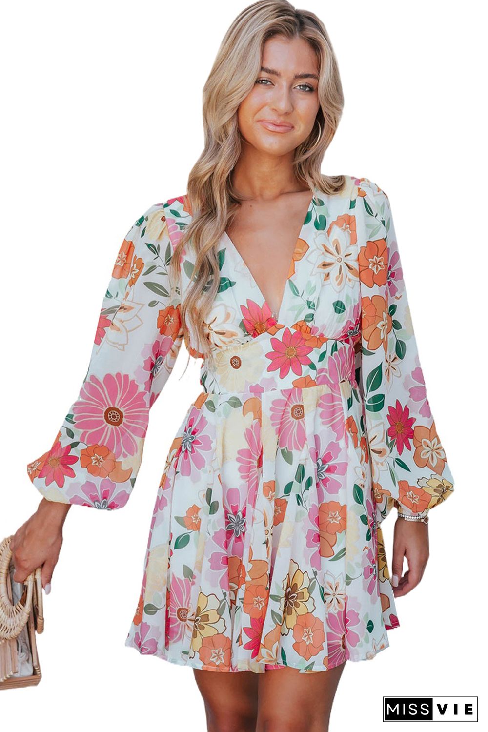 White Boho V Neck Bubble Sleeves Floral Dress