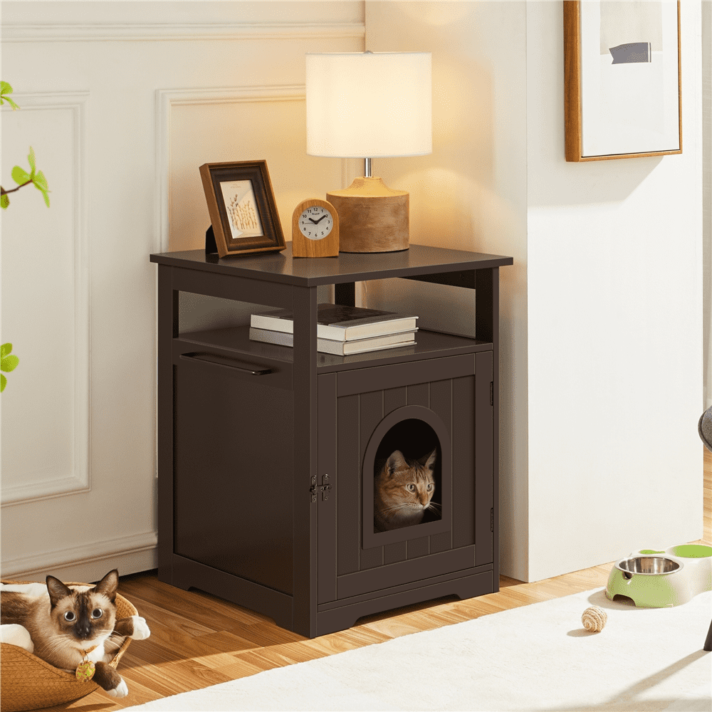 Topeakmart Indoor Wooden Cat Litter Box Enclosure with Open Shelf， Espresso