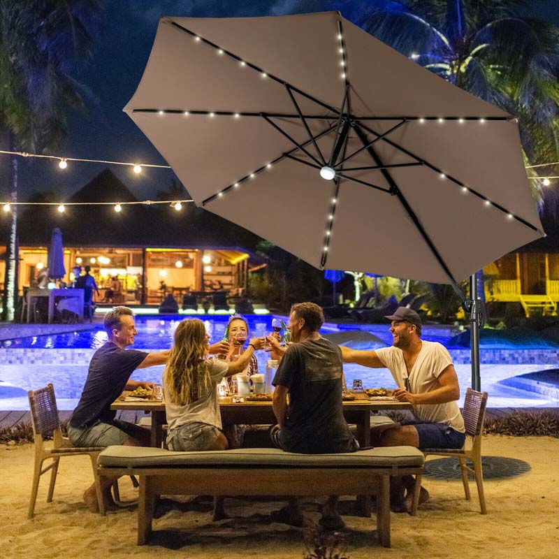 10 FT Cantilever Offset Patio Umbrella 28 Solar LED Lighted Market Umbrella with 3-Tilt Position, Crossed Base