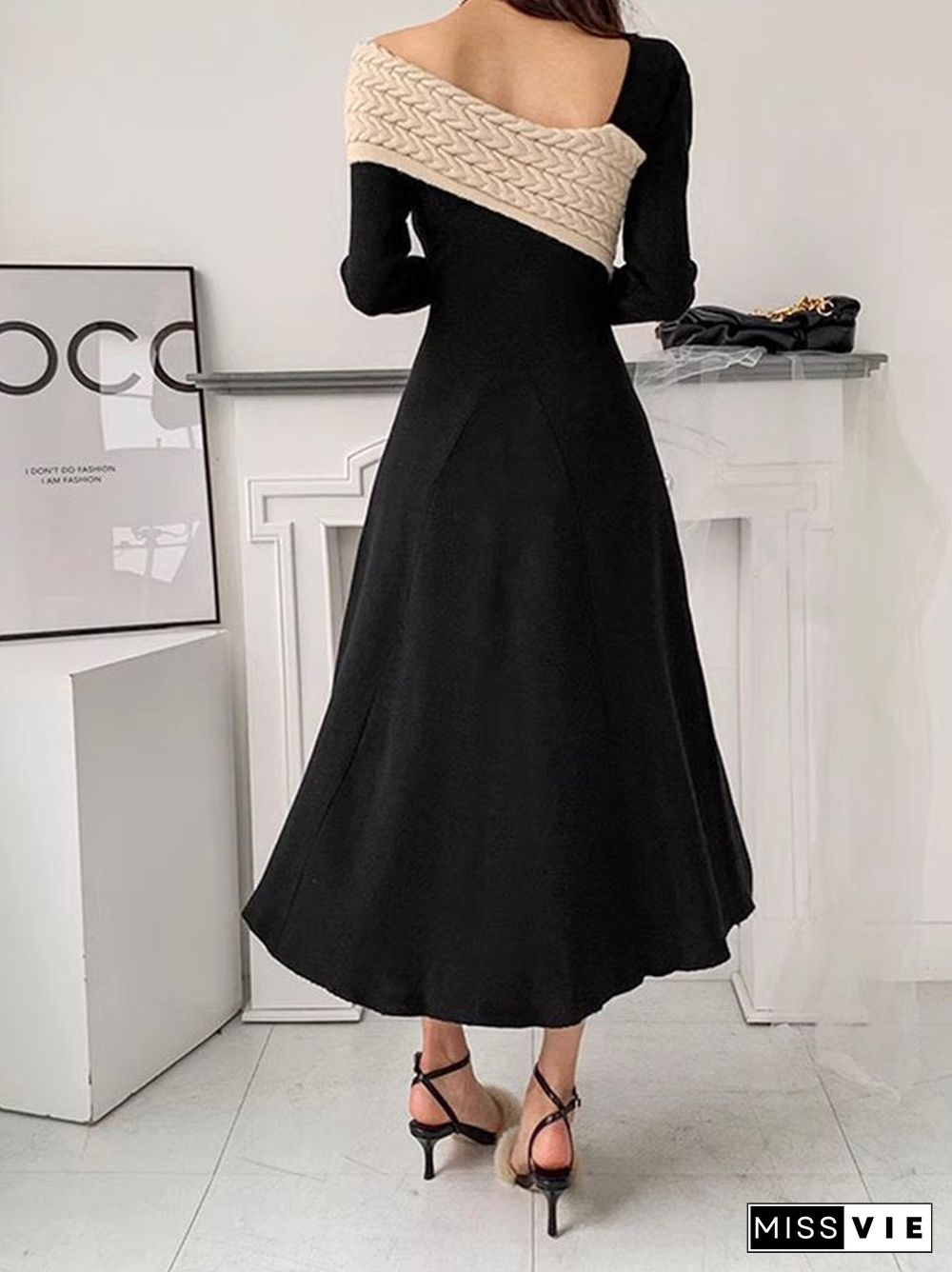 Chic Long Sleeve Black Midi Dress