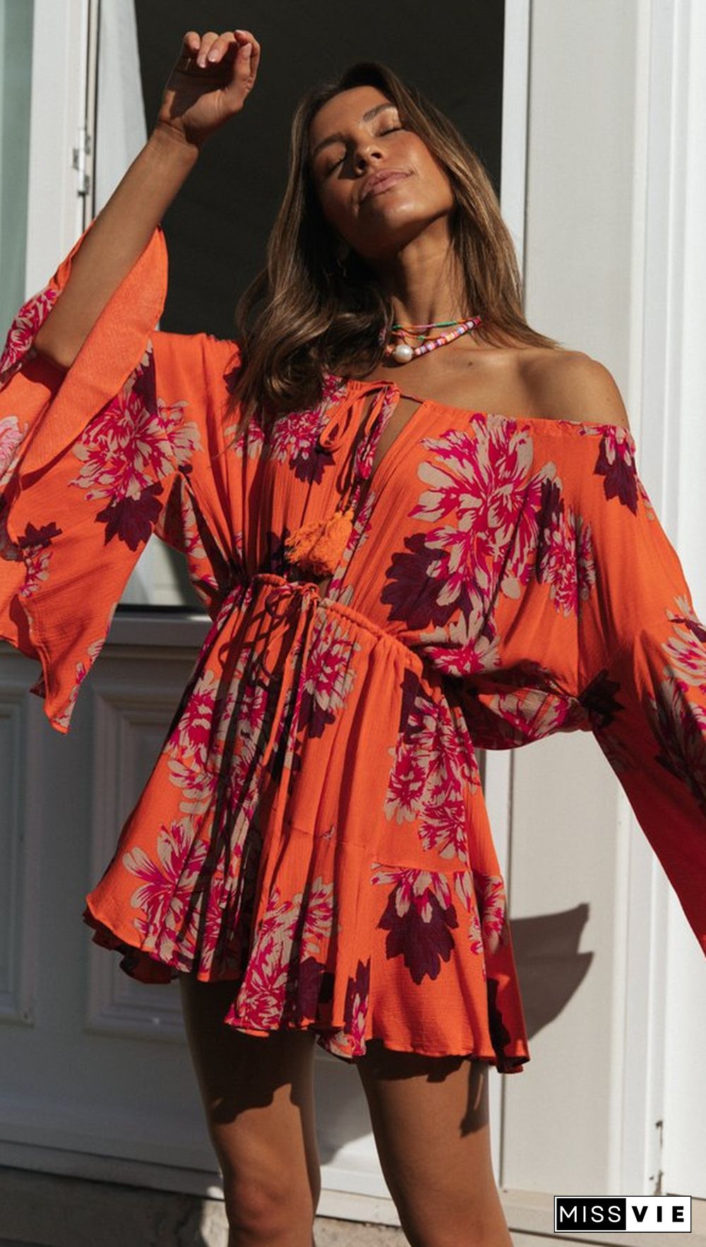 Carrot Floral Off Shoulder Withdraw Rompers