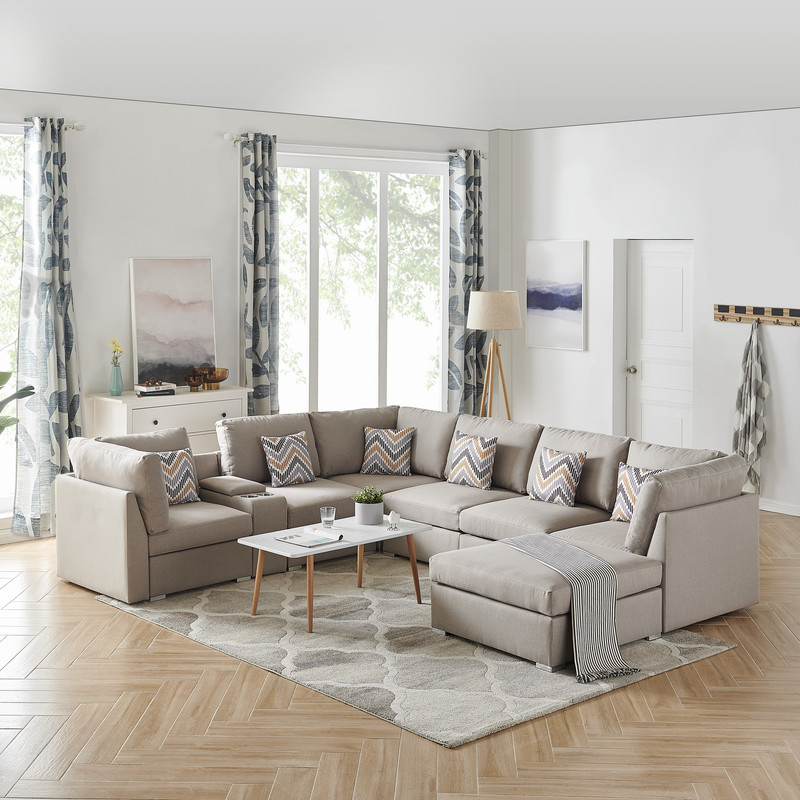 Amira Beige Reversible Modular Sectional Sofa With Usb Console  Ottoman  89820 6   Contemporary   Sectional Sofas   by Timeout PRO  Houzz