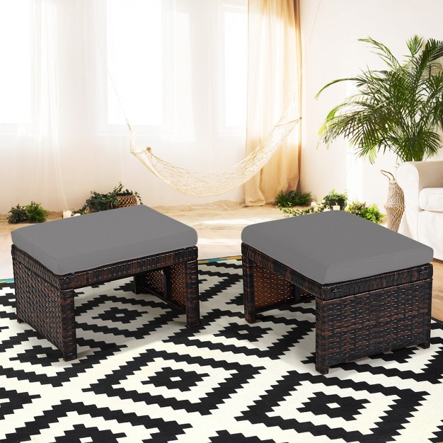 Tangkula 2 Pcs Outdoor Wicker Ottoman Patio Rattan Furniture Metal Footrest Seat Square Footstool With Cushion