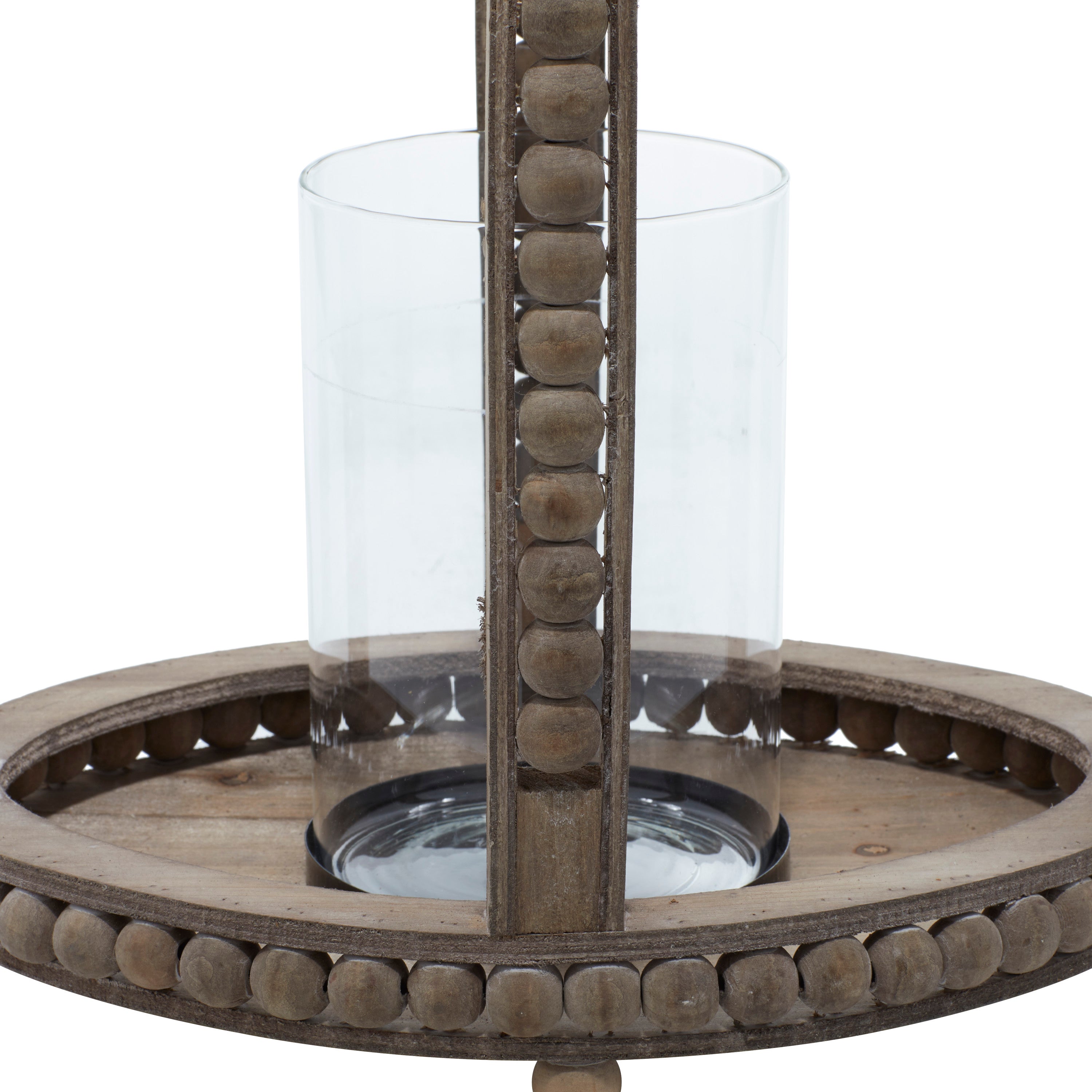 DecMode Brown Reclaimed Wood Beaded Pillar Candle Lantern