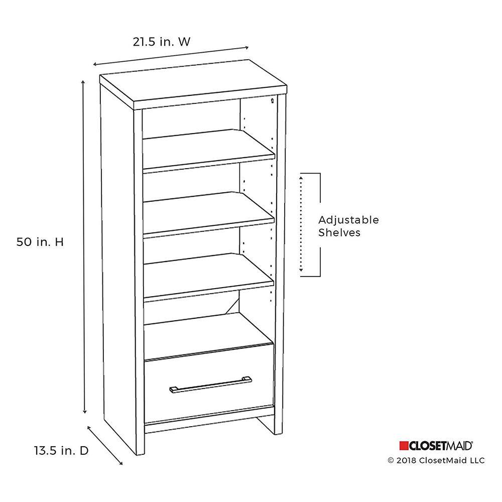 ClosetMaid Closet Maid 13.5 x 21.5 x 50 White Decorative Media Storage Tower Wood Bookcase with 3 Shelves and Drawer 165100