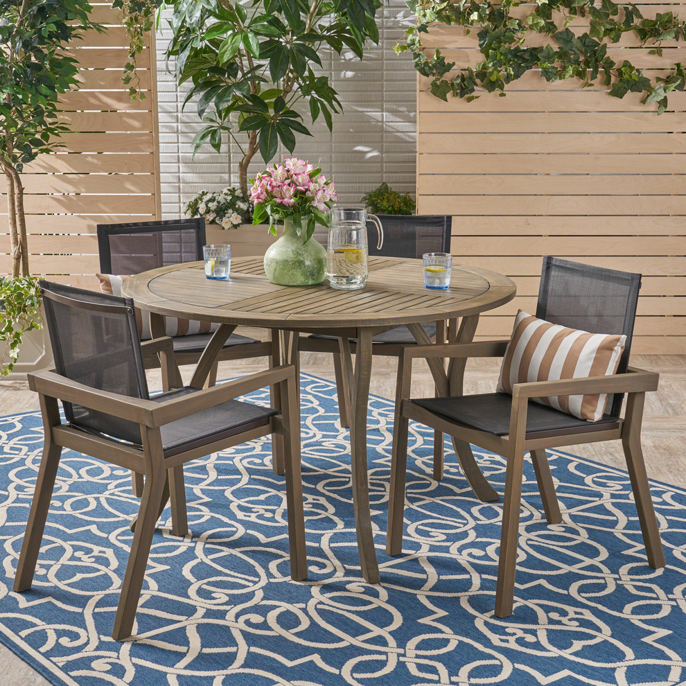 GDF Studio Spencer Outdoor Round Acacia Wood Dining Set With Mesh Seats   Transitional   Outdoor Dining Sets   by GDFStudio  Houzz