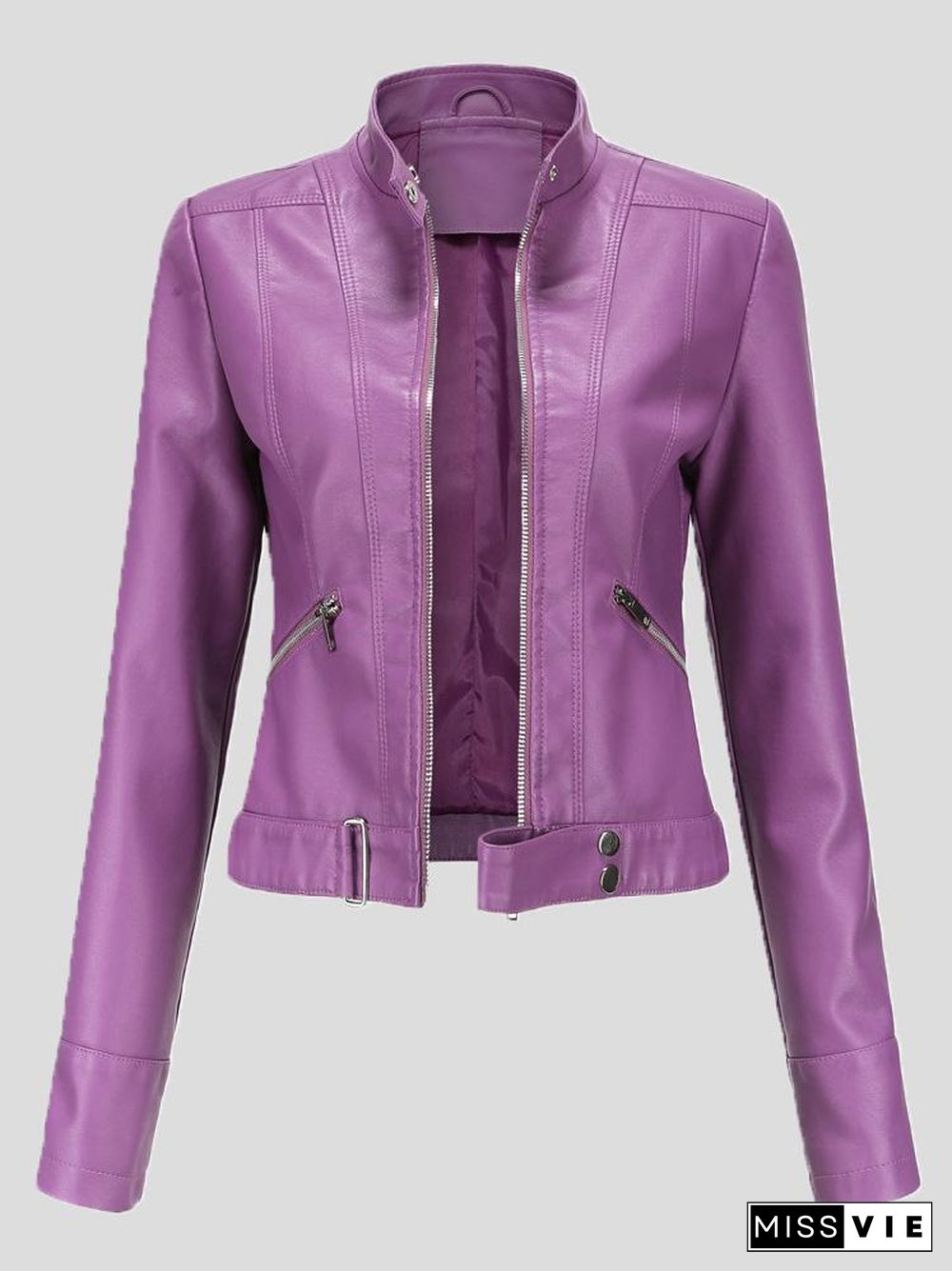 Women's Jackets Short Stand-Up Collar Zipped Leather Jacket