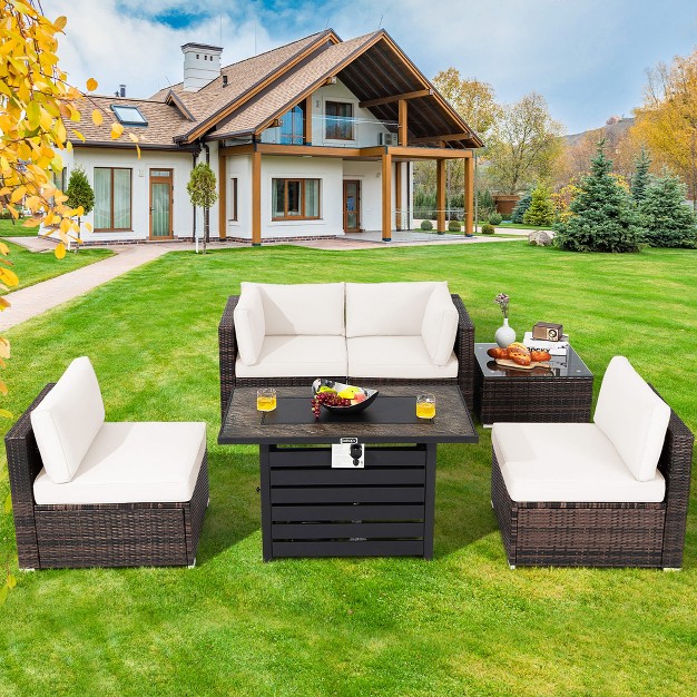 Costway 6pcs Patio Rattan Furniture Set 42 x27 x27 Fire Pit Table Cover Sofa Cushion Off White black navy red turquoise