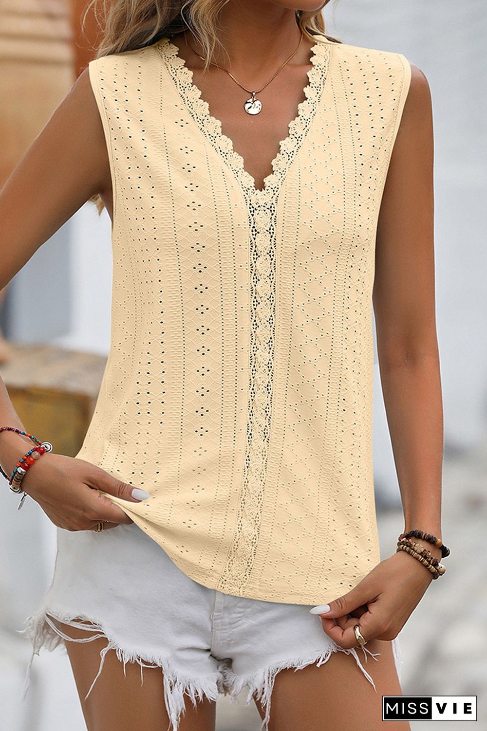 Plain V Neck Lace Edge Eyelet Pattern Tank Top