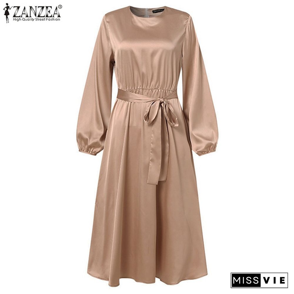 ZANZEA Women Ladies Puff Sleeve Elegant Dress Satin Oversize Holiday Crew Neck Plain Party Dress