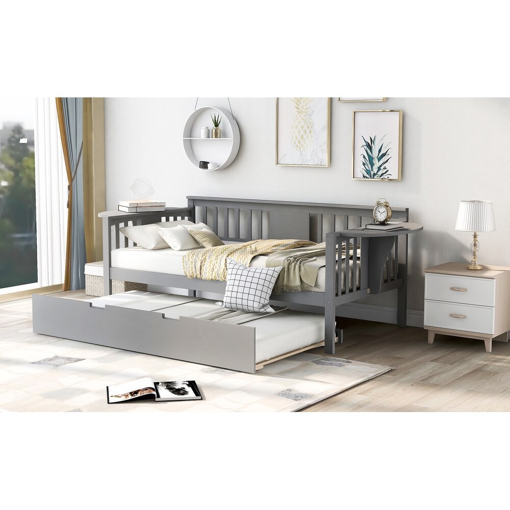 Twin Wooden Daybed Sofa Bed with 1 Trundle and 2 Extra Connected Small Coffee Table Shelf  Grey