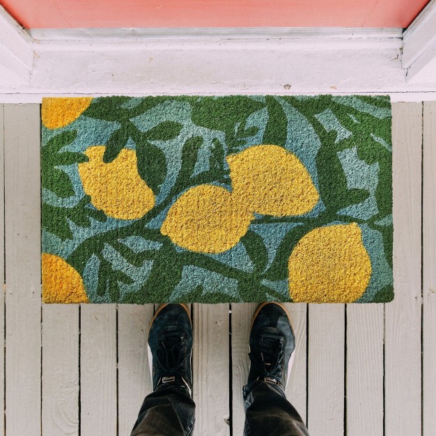 Lemon Large Size Lemon Vine Print Rectangle Indoor And Outdoor Coir Door Welcome Mat Yellow On Blue Background