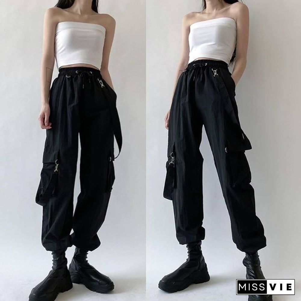 Women Fashion Harajuku Cargo Pants Black Detachable Strap Trousers Female Elastic Waist Streetwear Pants Plus Zise Casual Pants