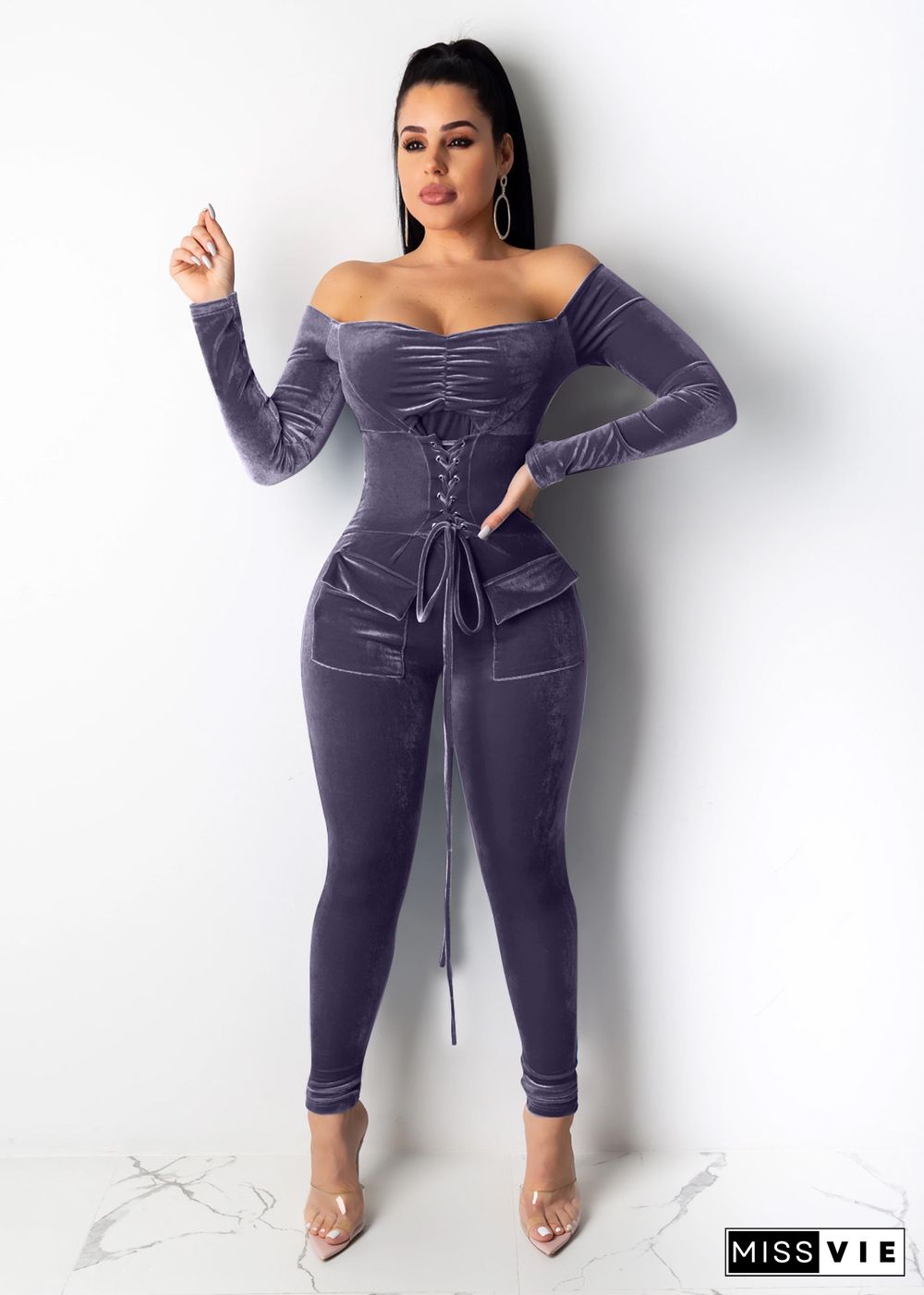 Eyelet Bandage Off Shoulder Skinny Women Jumpsuits