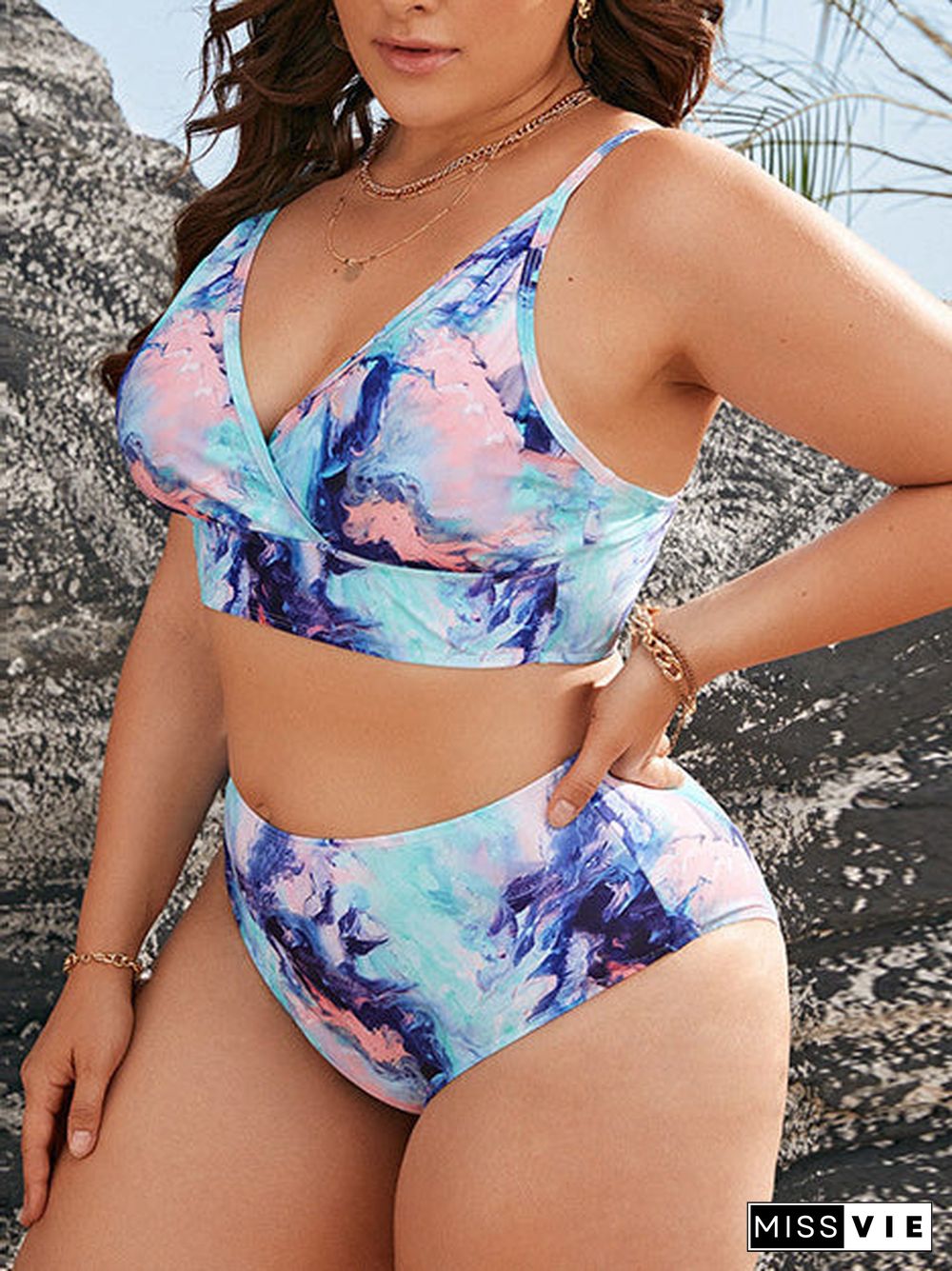 Plus Size Tie Dye High Waist Sexy Smudge Print Push Up Sling Bikini Set