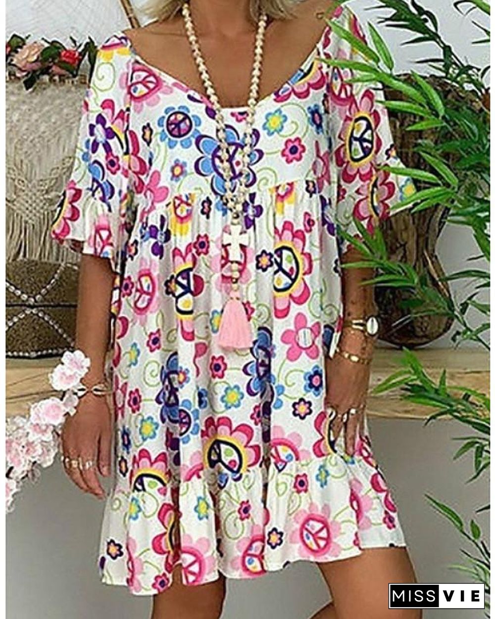 Women's Tunic Knee Length Dress - Short Sleeve Floral Print Summer Basic Hot White Blue Red Light Blue M L XL XXL 3XL 4XL 5XL-0218817