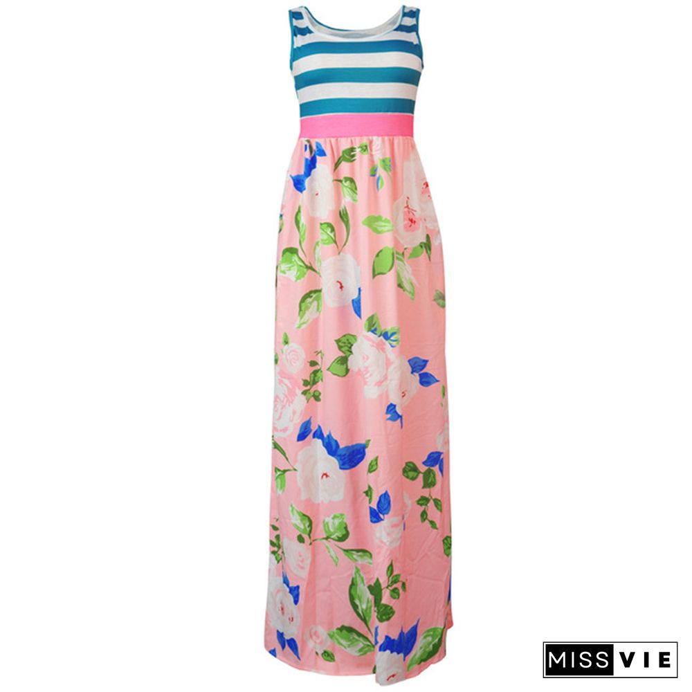 Summer Clothing Patchwork Floral Print Sleeveless High Waist Women Casual Streetwear Maxi Long Dress