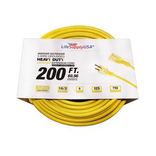 LifeSupplyUSA 200 ft. 163 SJT 6 Amp 125-Volt 750-Watt Lighted End IndoorOutdoor Heavy-Duty Extension Cord 163200FT