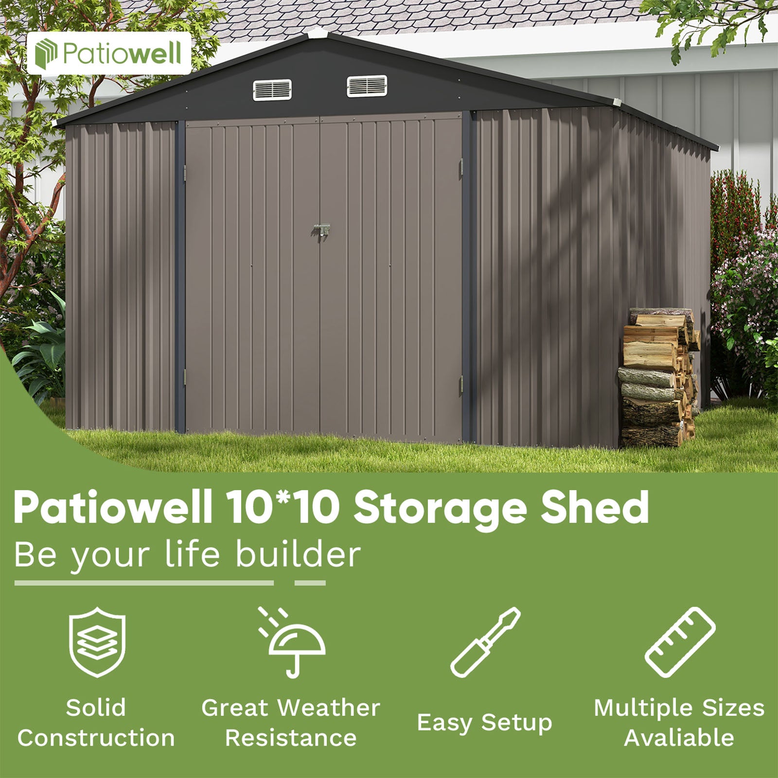 Patiowell Size Upgrade 10 x 10 ft Outdoor Storage Metal Shed with Sloping Roof and Double Lockable Door, Brown