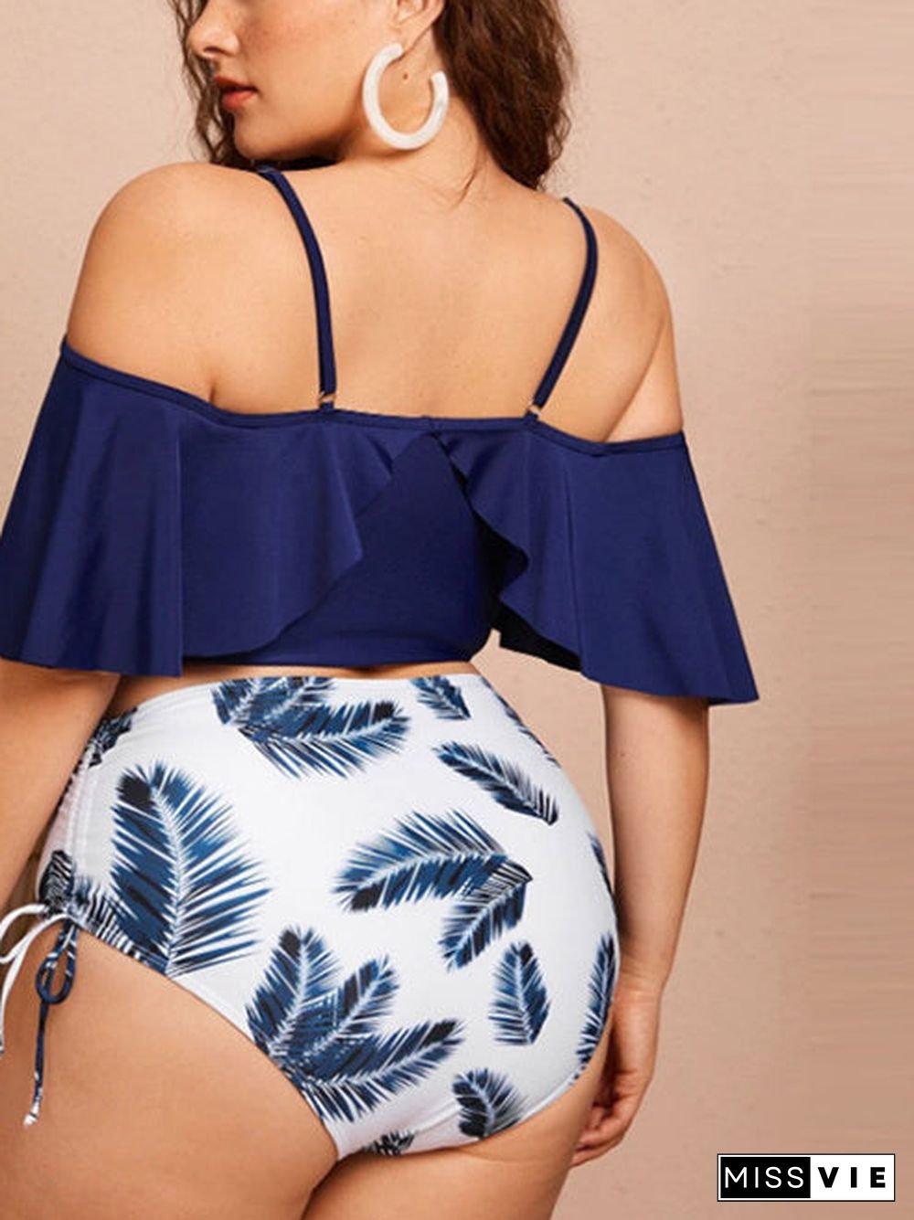 Plus Size Drawstring Ruffle Off Shoulder Strap High Waist Bikini Set