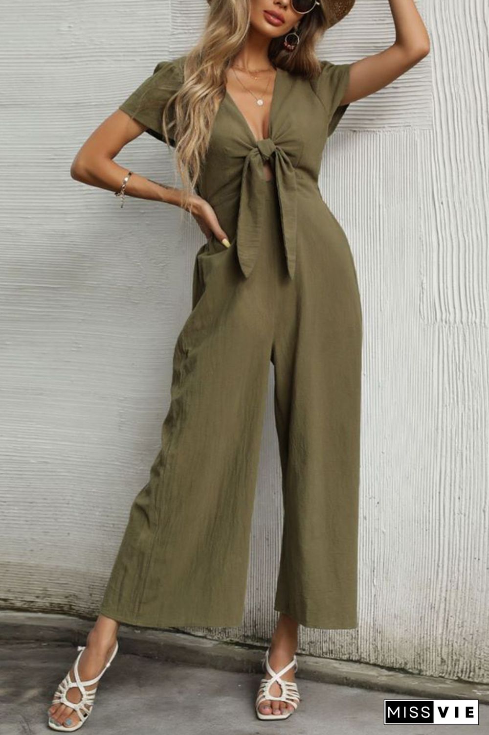 Bow Knot Wide Leg Long Pants Jumpsuit Wholesale