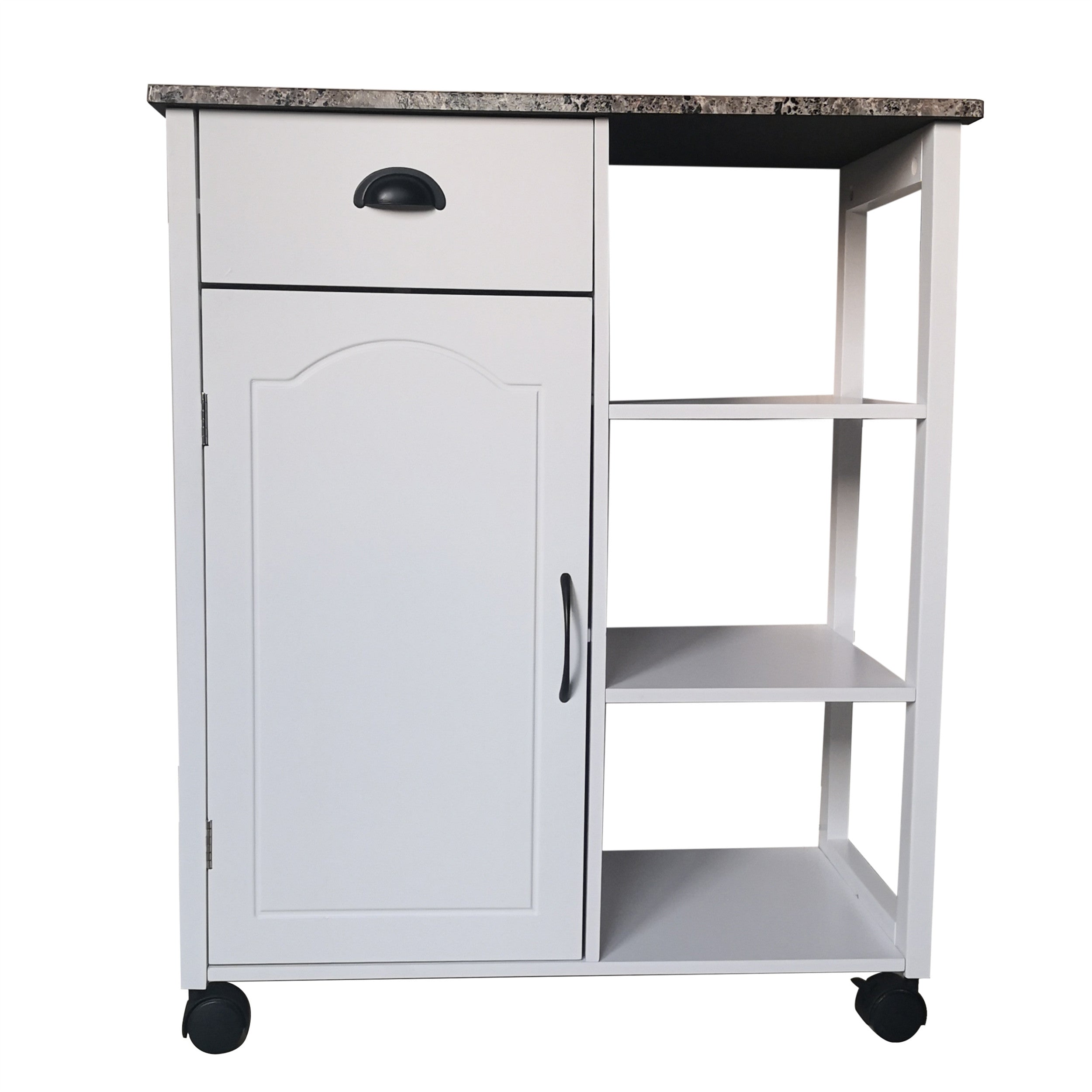 Brody Wheeled Kitchen Island Serving Cart With Storage Cabinet， Drawer and Shelves， White Wood and Faux Marble Top， Contemporary